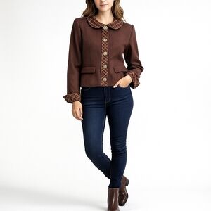 Monttiny Vintage Style Plaid Trim Cropped Blazer Jacket Brown Size 11 Academia
